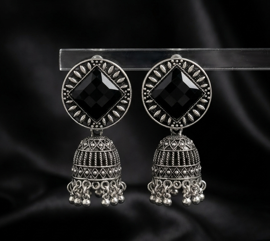 Onyx-Black Geometric Jhumkas